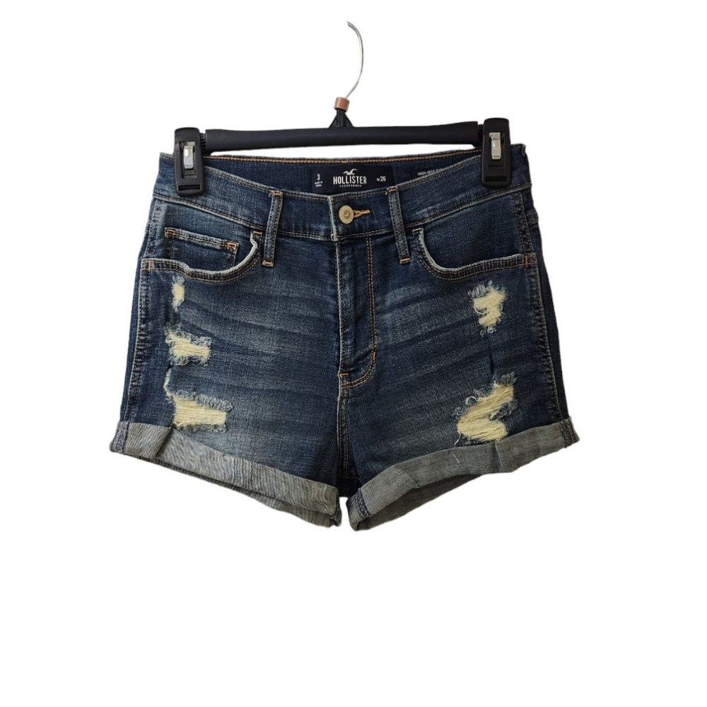 Hollister High Rise Short Jean Shorts Cuffed Distressed Advanced Stretch Size 3
